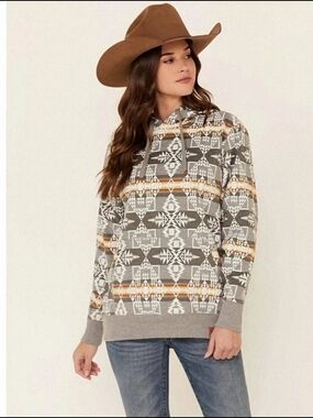 Women's Gray Aztec Print Hoodie Sweater - Gray & Tan